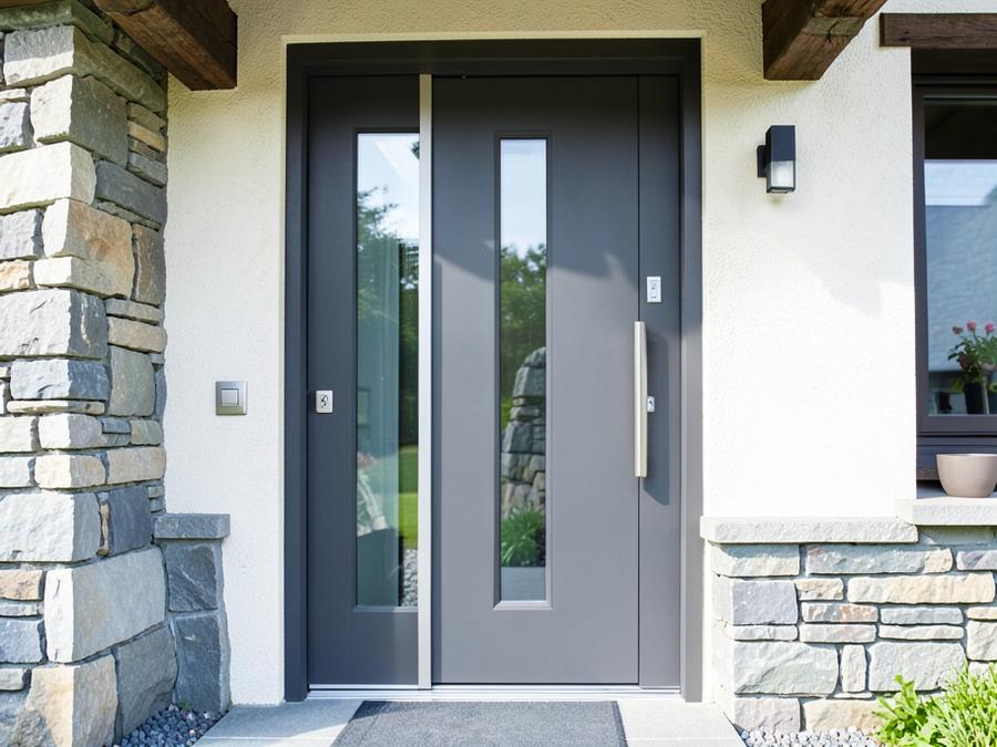 Moderne anthrazitfarbene Haustür mit Seitenteil aus Glas