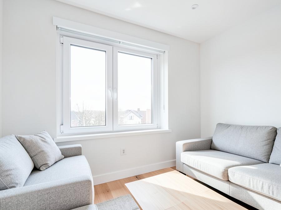 Helles Wohnzimmer mit neuem weissem Kunststofffenster